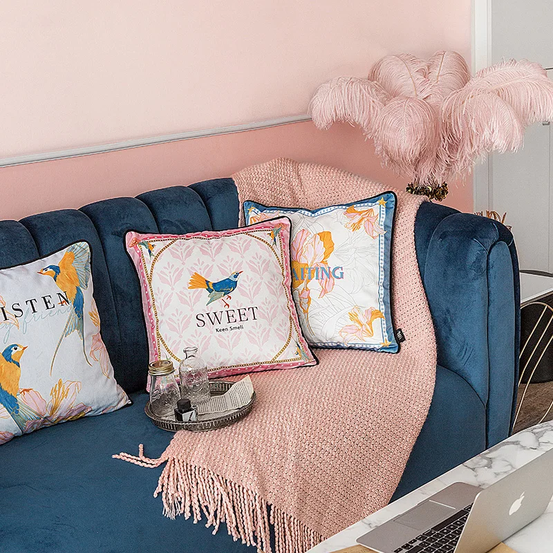 

Bird Floral Pink Soft Velvet Pillow Cover Vintage Fringe Home Decorative Cushion Cover 45x45cm Home Decorative