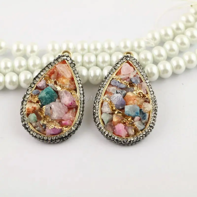 

Fashion New 5Pcs Quartz Stone Pendant, Drop shape Gold Color with Rhinestone Paved Drusy Gem stone Pendants