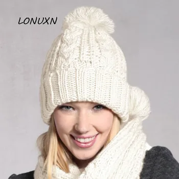 

4 colors high quality Korean version fashion Solid color Keep warm knitting Women's scarf + hat Wild Thicken 2 pieces Hairball