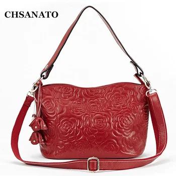 

New Cowhide Women Handbag Famous Brands Genuine Leather Women's Shoulder Bag Fashion Sweet Lady Roses C