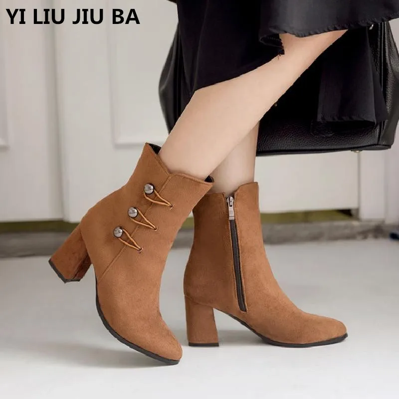 

Winter Autumn Women snow Boots Platforms casual mid Heels Ankle Boots flock warm Boots Motorcycle Botas women Shoes mujer G266