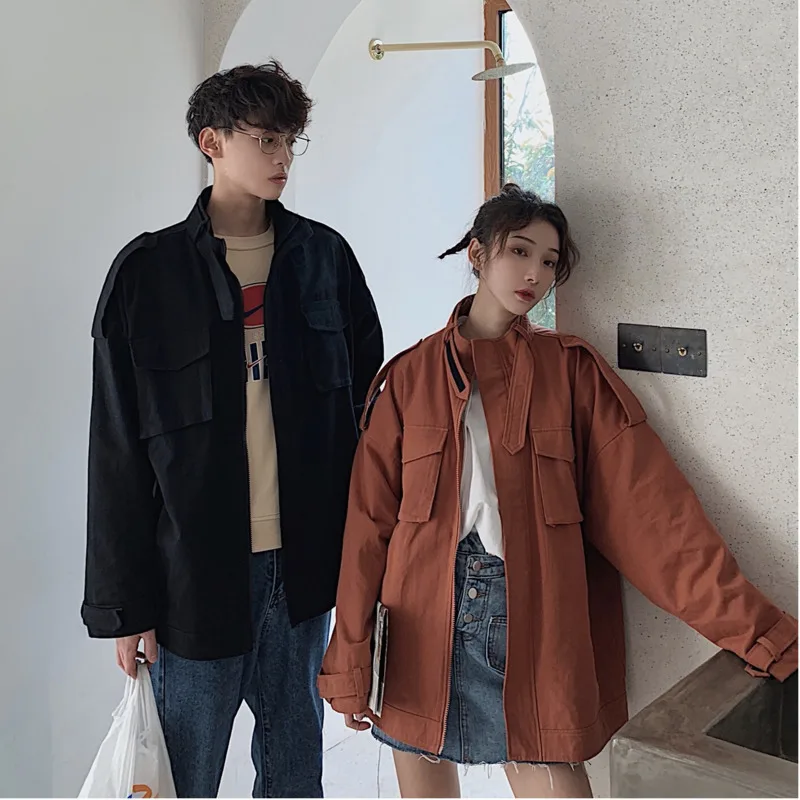

2019 Fund Men And Women Solid Color Stand Lead Work Clothes Leisure Time Jacket Loose Coat A325 -w13 -p115