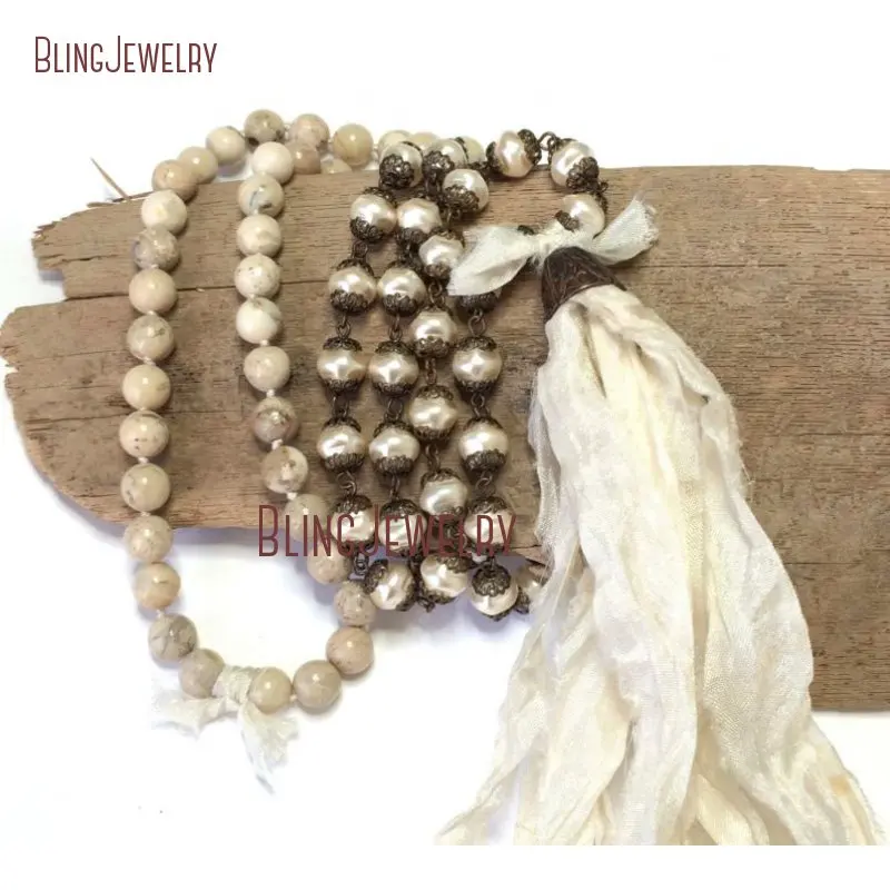 

Knotted Sari Silk Tassel Necklace Rustic Bohemian Glam Rosary Style Pearl Chain Necklace Romatic Long Luxe Boho Chic NM12457