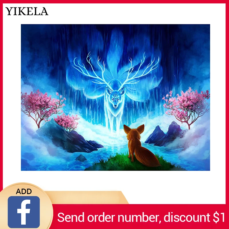 

YIKELA Fine Art Diamond Painting Full Square Fantasy Fox Diamond Embroidery Picture 5D DIY Mosaic Rhinestone Home Decoration