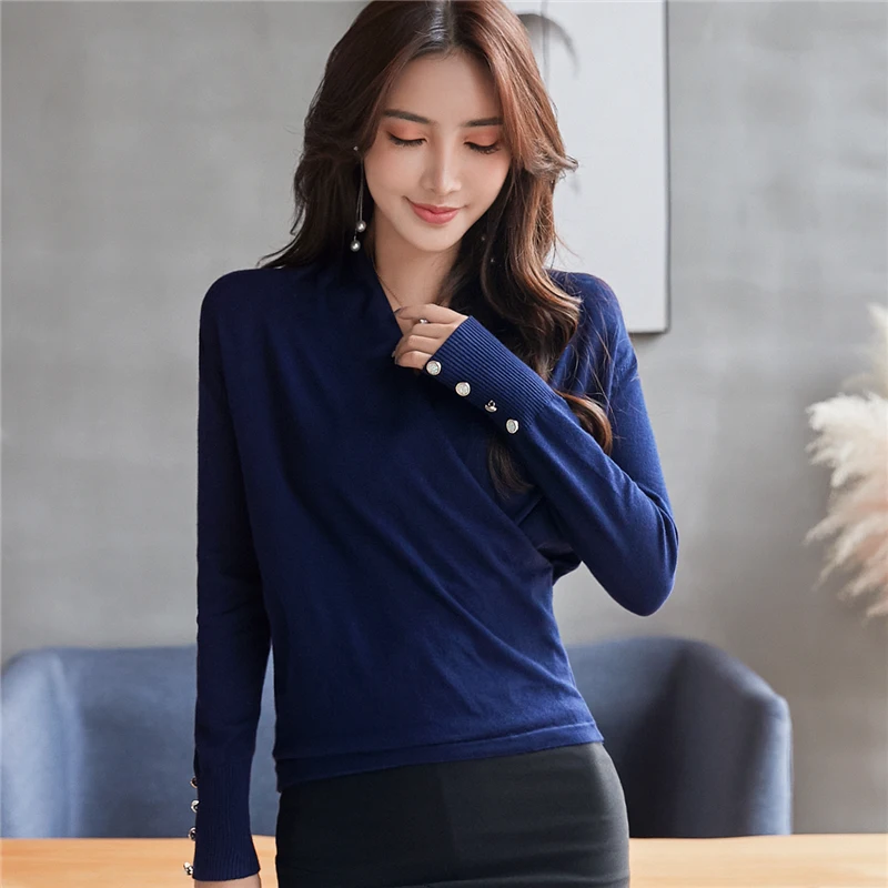 

Korean V-Neck Sweater Women Pullovers Knit Shirt Stretched Bottoming Sleeve Button Tops Spring Autumn 2019 Sueter Mujer C91103