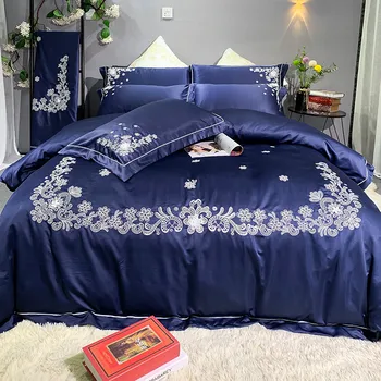 

Luxury Palace Style Washed Silk Bed Set Duvet Cover Flat Fitted Bed Sheet Pillowcases Solid Embroidery Royal Blue Wine Red