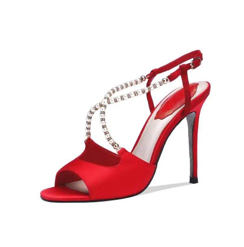 

2019 new sexy fashion rhinestone pearl silk fish mouth sandals stiletto high heel summer temperament women's shoes