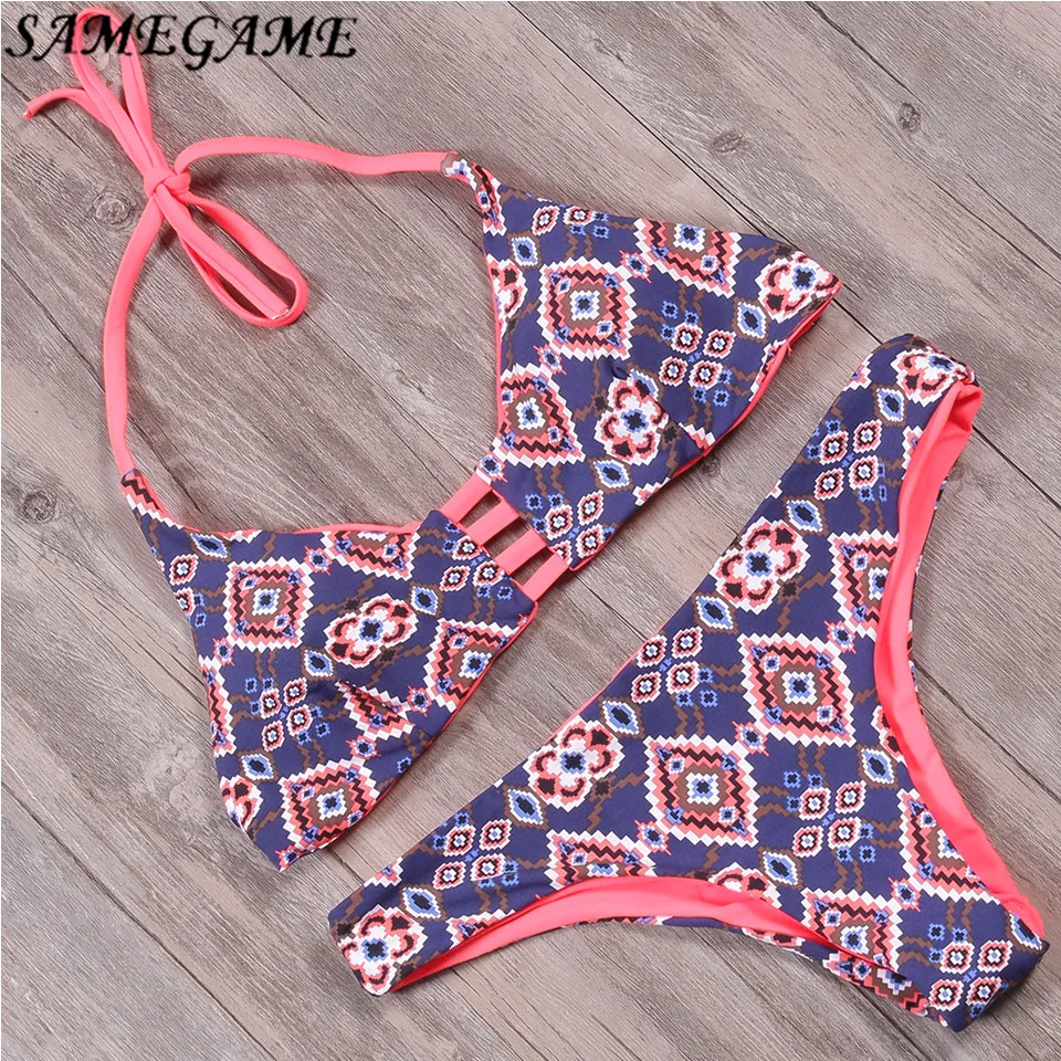 

SAMEGAME Sexy Swimwear Women 2019 Crop Top Bikini Swimsuit Print Brazilian Bikini Set Halter Beach Wear Bathing Suits
