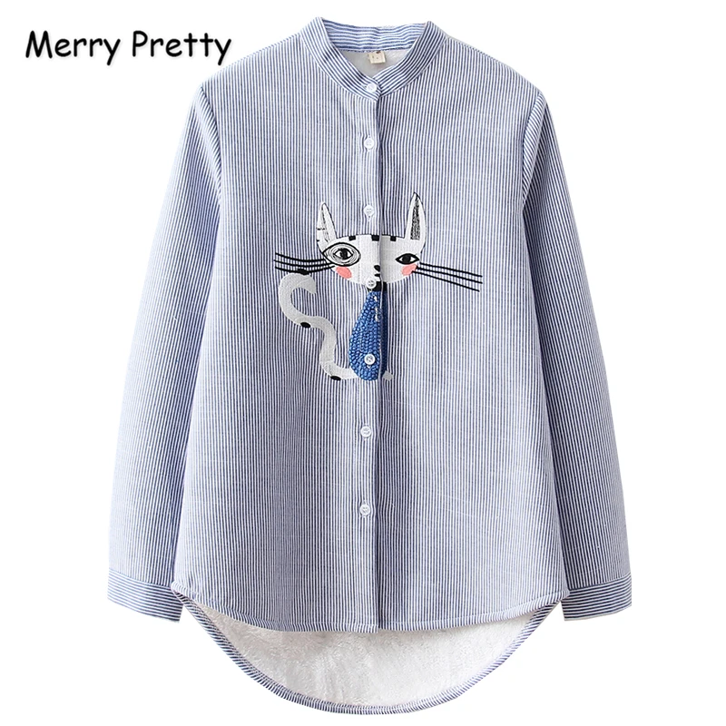 

MERRY PRETTY Thick Warm Women Blouses Shirts Long Sleeve Female 2019 Autumn Winter Fox Embroidery Stiped Blusa Plus Velvet Shirt