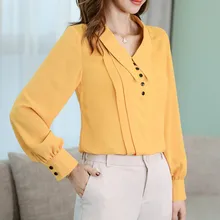 Весна лето рубашки новая корейская мода офисная работа топ женские блузки досуг шифон отворотом рубашка с длинным рукавом
