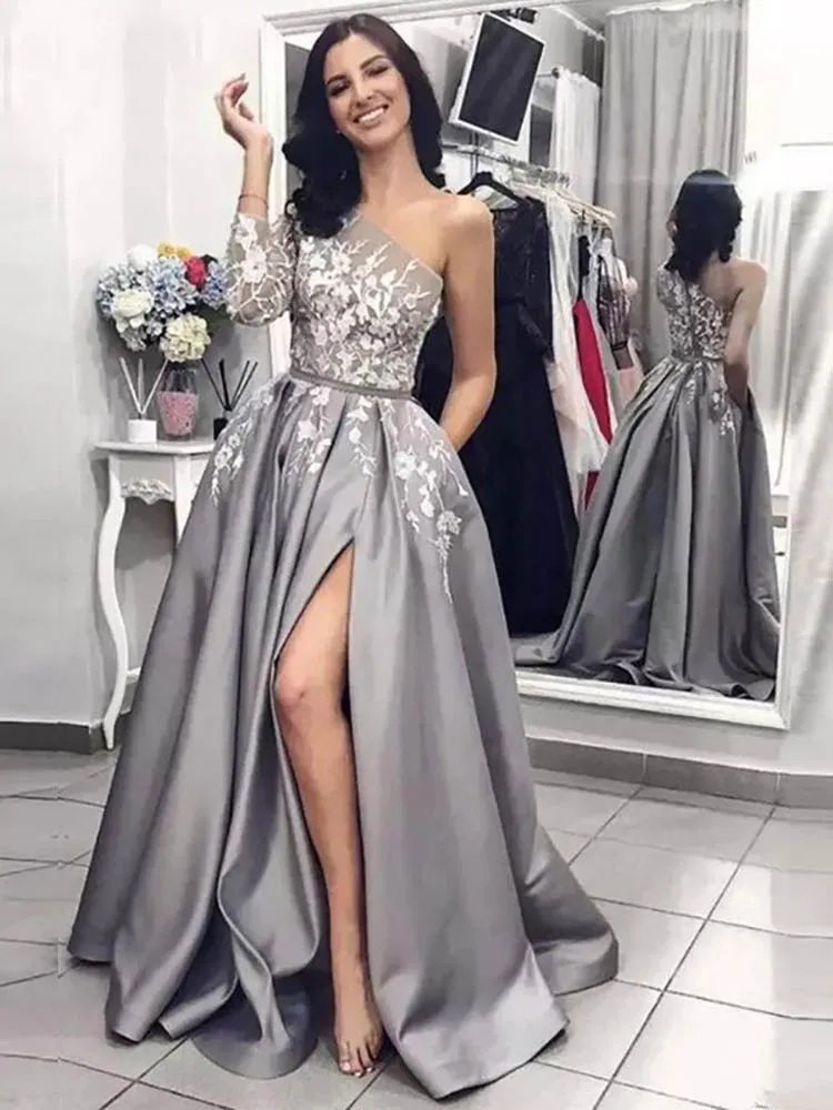 Verngo/серые атласные вечерние платья с аппликацией, торжественное платье с одним плечом, длинное модное вечернее платье - Цвет: Серый
