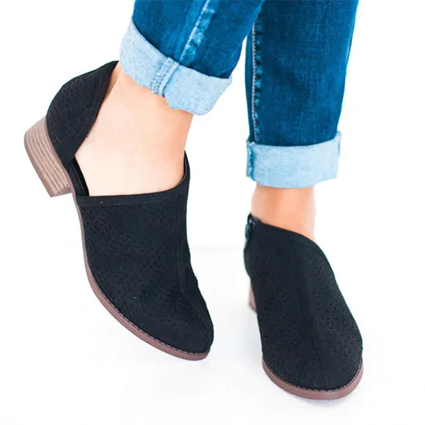 NAN JIU MOUNTAIN/Женская обувь Zapatos De Mujer, сезон весна-осень, ажурные тонкие туфли с острым носком на низком каблуке, однотонные ботильоны - Цвет: black