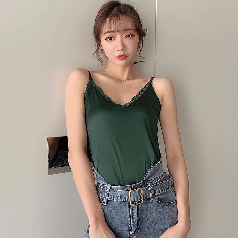 

Summer Silk Tank Top fashion Women Sexy V Neck Basic Tops Casual Womens Vest Lace Camisole White Tops Streetwear Plus Size