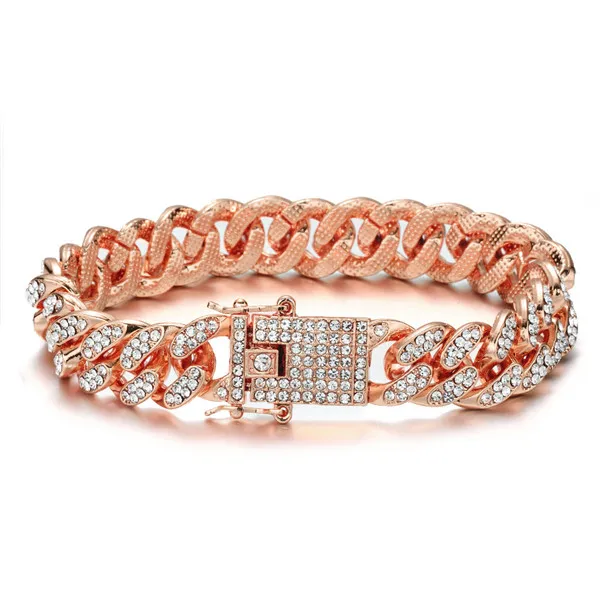 Хип-хоп Полный AAA кристалл проложить Bling Iced Out мужской браслет цвета: золотистый, серебристый цвет, кубинские звенья цепи браслеты для мужчин ювелирные изделия - Окраска металла: Rose Gold