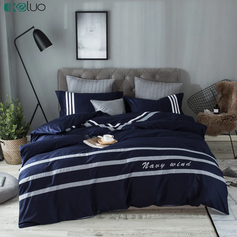 

KELUO 100% Cotton 3/4Pcs Dark blue Stripe Simple Bedding Set Light Luxury Duvet Cover Set Printed Bedspreads Flat Sheet