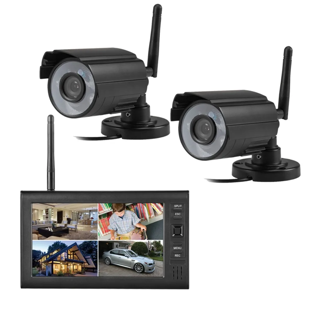 Wireless monitor 2.4G 4CH QUAD DVR Security CCTV Camera System Digital Wireless Kit Baby Monitor 7" TFT LCD Monitor+ 2 Cameras