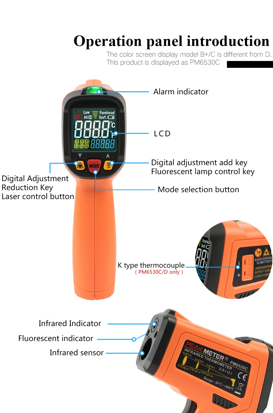PEAKMETER PM6530B+ лазерный lcd цифровой ИК инфракрасный термометр измеритель температуры пистолет точечный-50~ 550 градусов Бесконтактный термометр