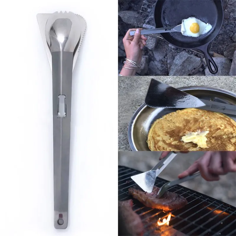 

3 in 1 Tongs Spatula Spork Stainless Steel Multi Utensil for Camping BBQ Shovel Clip Outdoor Tableware Drop shipping