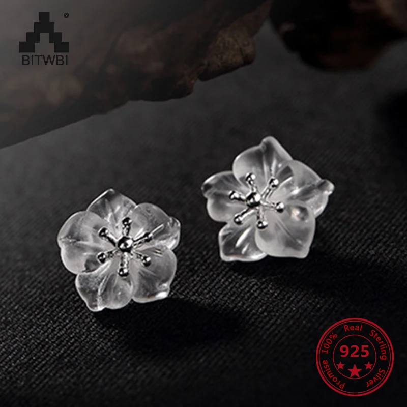 

S925 Sterling Sliver Simple Women Earrings Korean Version of Fashion High-end Plum Inlaid Natural Jade Stud Earrings for Lady