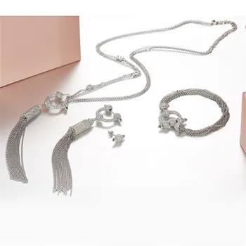 

CZ Zircon Long Tassel 925 Sterling Silver Necklace Dangle Earring Wedding Bridal Women Jewelry Set Sweater Necklace Bracelet