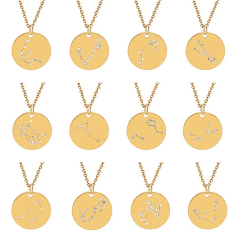 

QIAMNI 12 Star Zodiac Constellation Signs Necklace Gold Astrology Disc Galaxy Horoscope Necklaces Women Men Party Birthday Gift