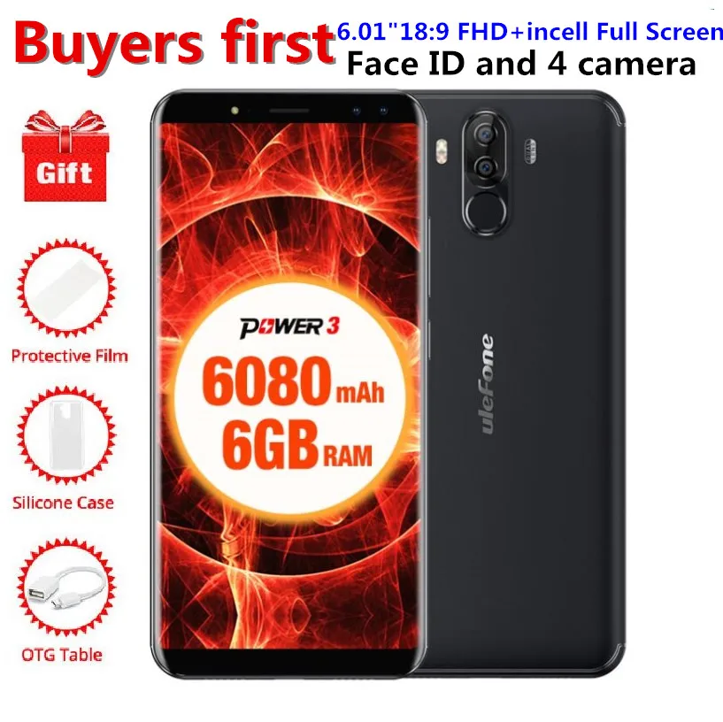 Ulefone Мощность 3 6,0 "18:9 смартфон FHD 6080 мАч Оперативная память 6 ГБ Встроенная память 6 4G B MT6763 Восьмиядерный Face ID 21MP Android 7,1 OTG 4G мобильный телефон