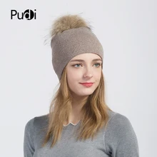 Pudi женская зимняя теплая вязаная шапка, кепка, бини мяч из натурального меха енота hk702