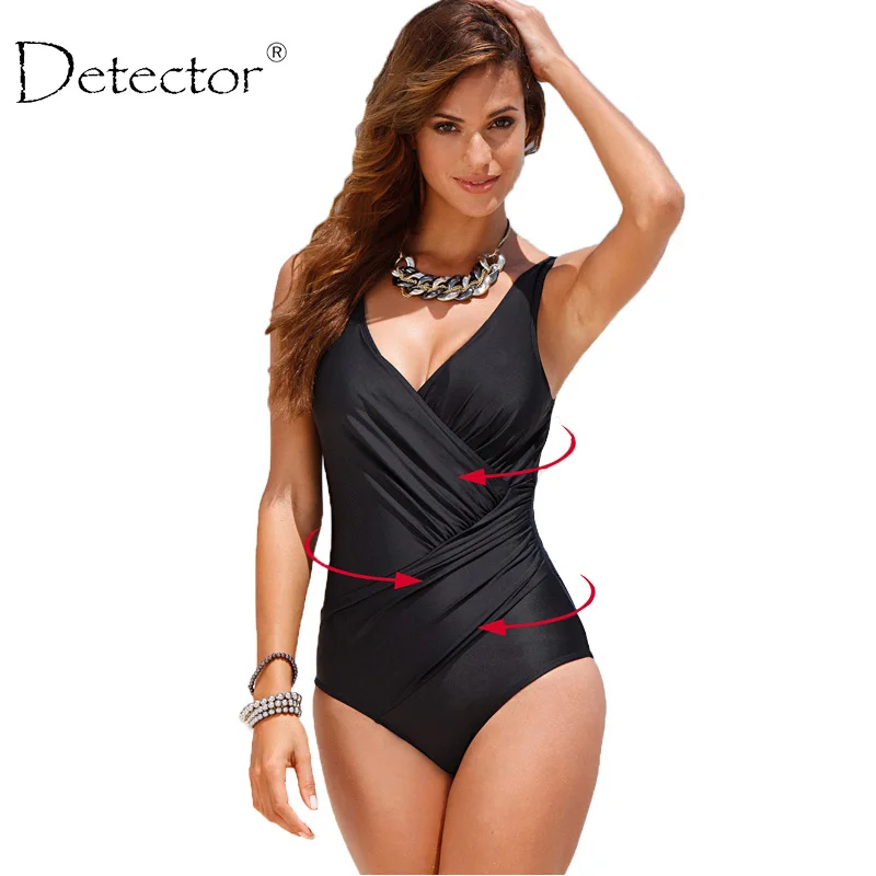 Detector Plus Size Swimwear Women One Piece Swimsuit Print Solid Swimwear Large Size Vintage Retro Swimsuit Bathing Suits Black