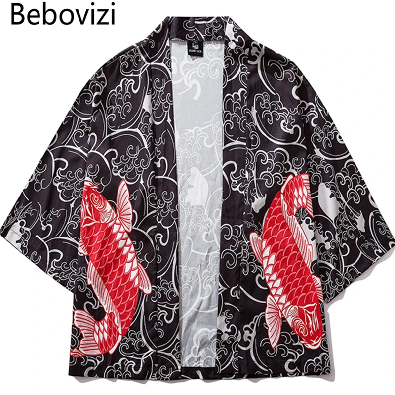 Bebovisi 2019 повседневная одежда в японском стиле тонкое кимоно для мужчин в японском уличном китайском стиле с принтом Koi халат летняя куртка