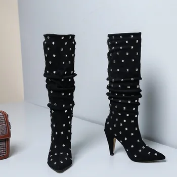 

Punk Boots Woman Rivet Goth Knee High Boots for Women Pointed Toe Sexy 9cm High Heel Boots Gothic Party Shoes Botines Mujer 2019