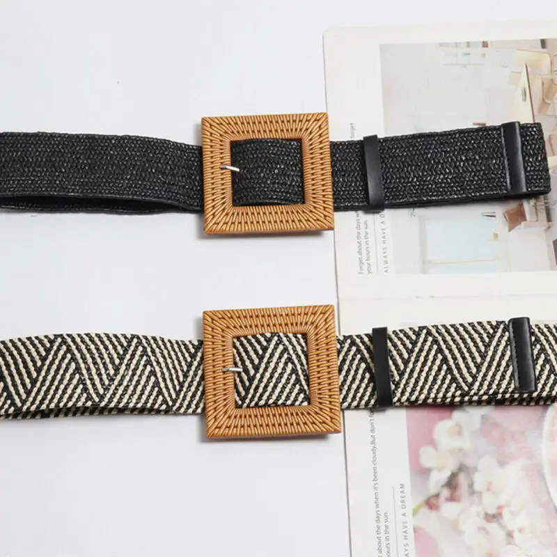 

2019 Newest Fashion Women Elastic Casual Square Wooden Buckle Straw Belt Braided Woven Waistband 3 Color