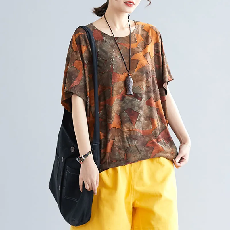 

F&JE 2019 Summer Women T-Shirts Basic Lady Tops Tees Vintage Female Clothes Print Patchwork Loose Batwing Shirt Plus Size T5968