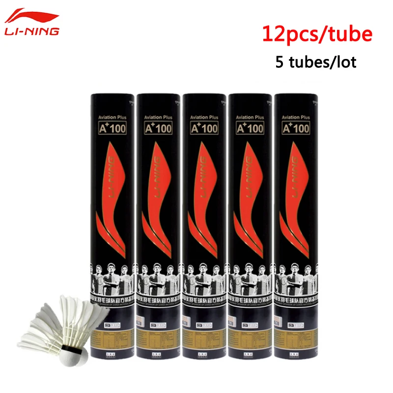 60Pcs=5tubes Li-Ning A+100 Badminton 77" Tournament Level Shuttlecock Badminton 12 Pcs/Tub Goose Feather Sports Ball A 100