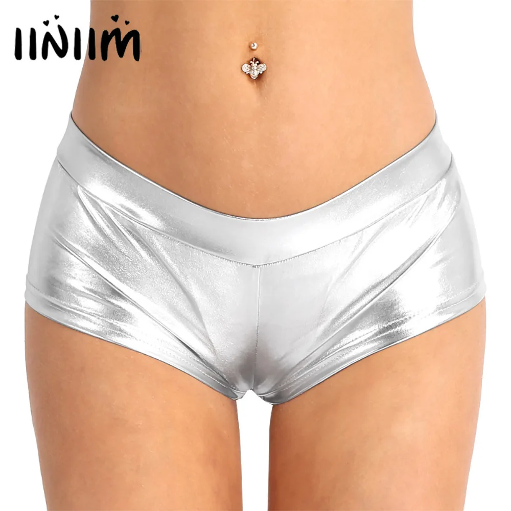 iiniim Adult Women Fashion Sexy Night Club Shorts Shiny Faux Leather Low Waist Hot Shorts for Dancing Raves Festivals Costumes