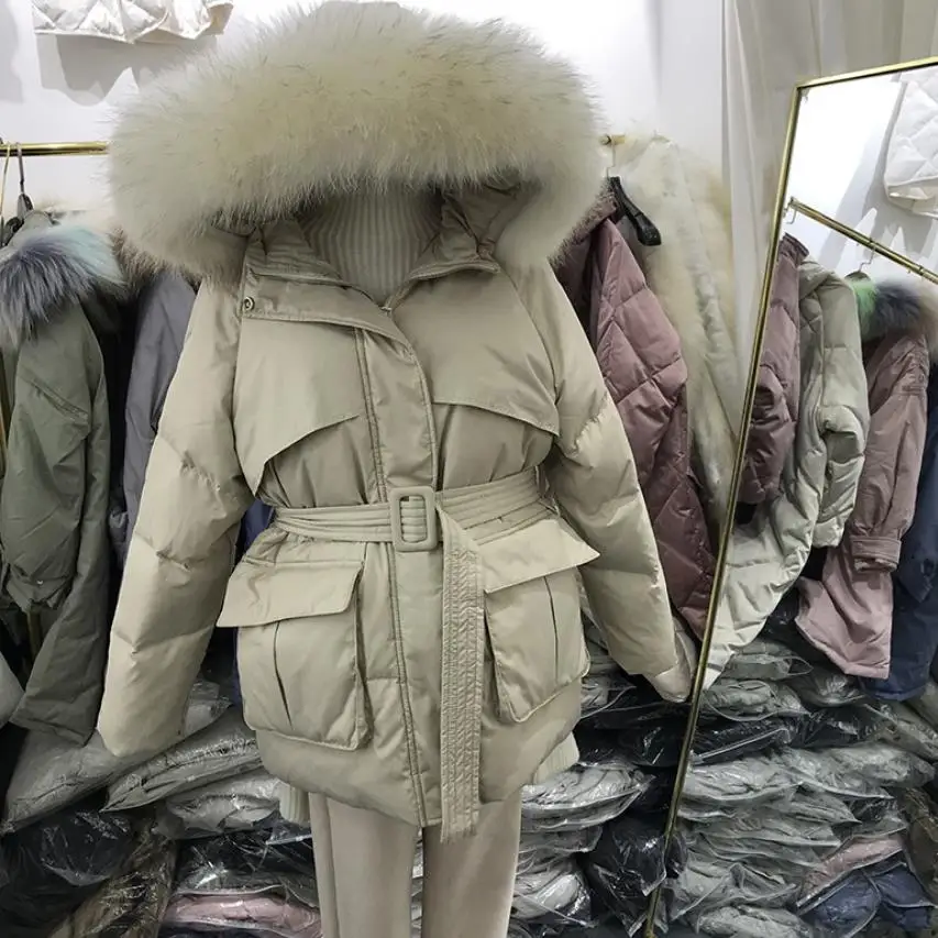 S-XL, плюс размер, Новое поступление, большой натуральный меховой воротник, с капюшоном, белый утиный пух, пальто для женщин, зима, большой карман, толстый, длинный, теплый пуховик