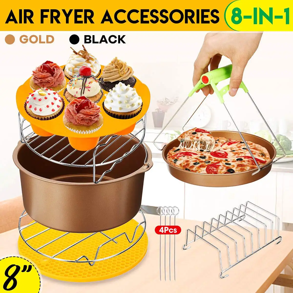 

8in1 Air Fryer Accessories Set 8 Inch Pizza Pan Non-stick Baking Mat Pad Household Kitchen Cooking Tools For 5.2~5.8QT Air Fryer