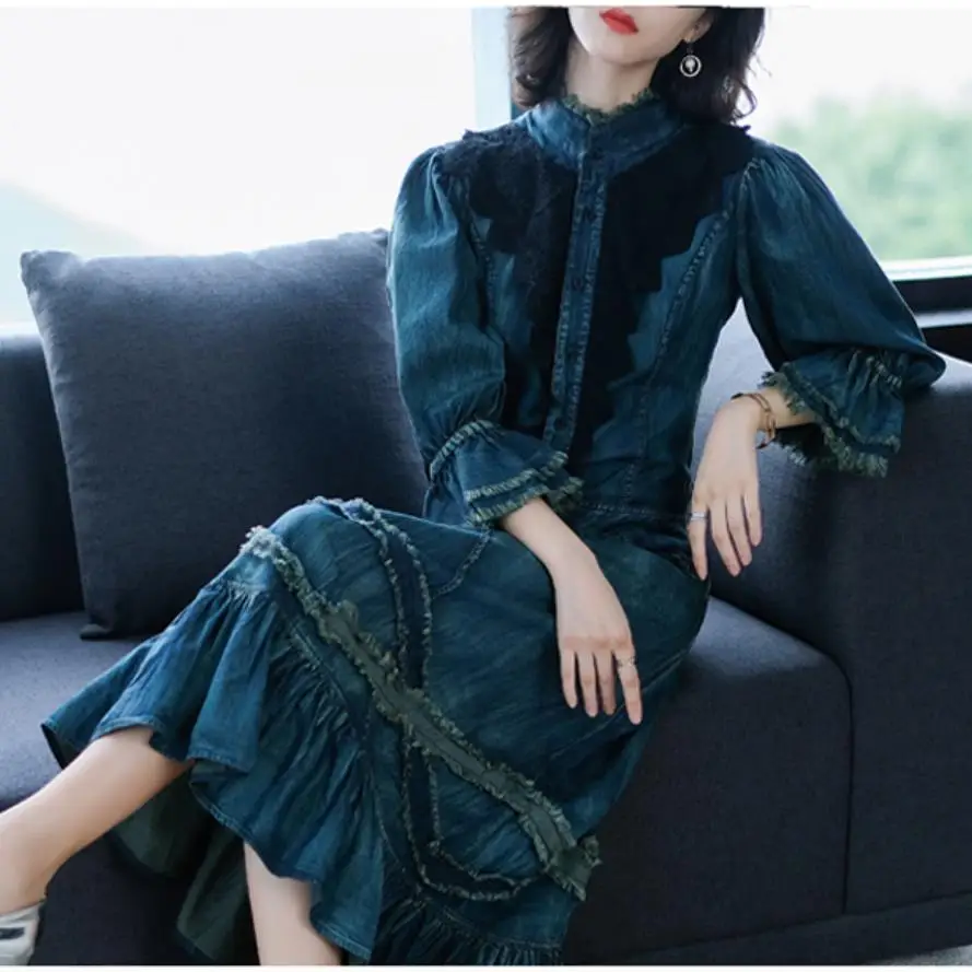 

Denim dress 2019 spring vintage lantern sleeves high waist slim ruffles stand collar a-line jeans dress