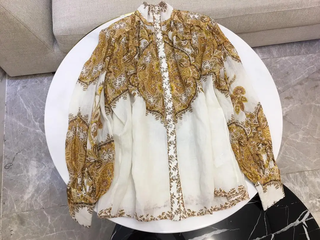 

2019 new ladies fashion sexy small stand collar vintage embroidery flower stitching long sleeve loose shirt shirt 0720