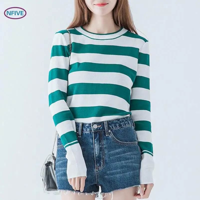 NFIVE бренд 2018 женские тонкие свободные свитера Новая мода Корейский Осенний Полосатый пуловер с круглым вырезом с длинными рукавами свитер
