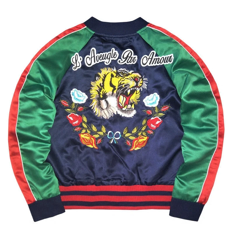 Women Bomber Jacket Coat Reversible Baseball Jackets Sukajan Vintage Tiger Head Embroidered Winter Pilots Outerwear