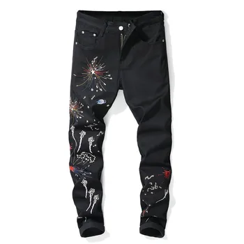 

2019 New Original Men's Stretch Casual pants Slim Digital Print pants Men's Embroidered Vblack feet pants More size 29-36 38