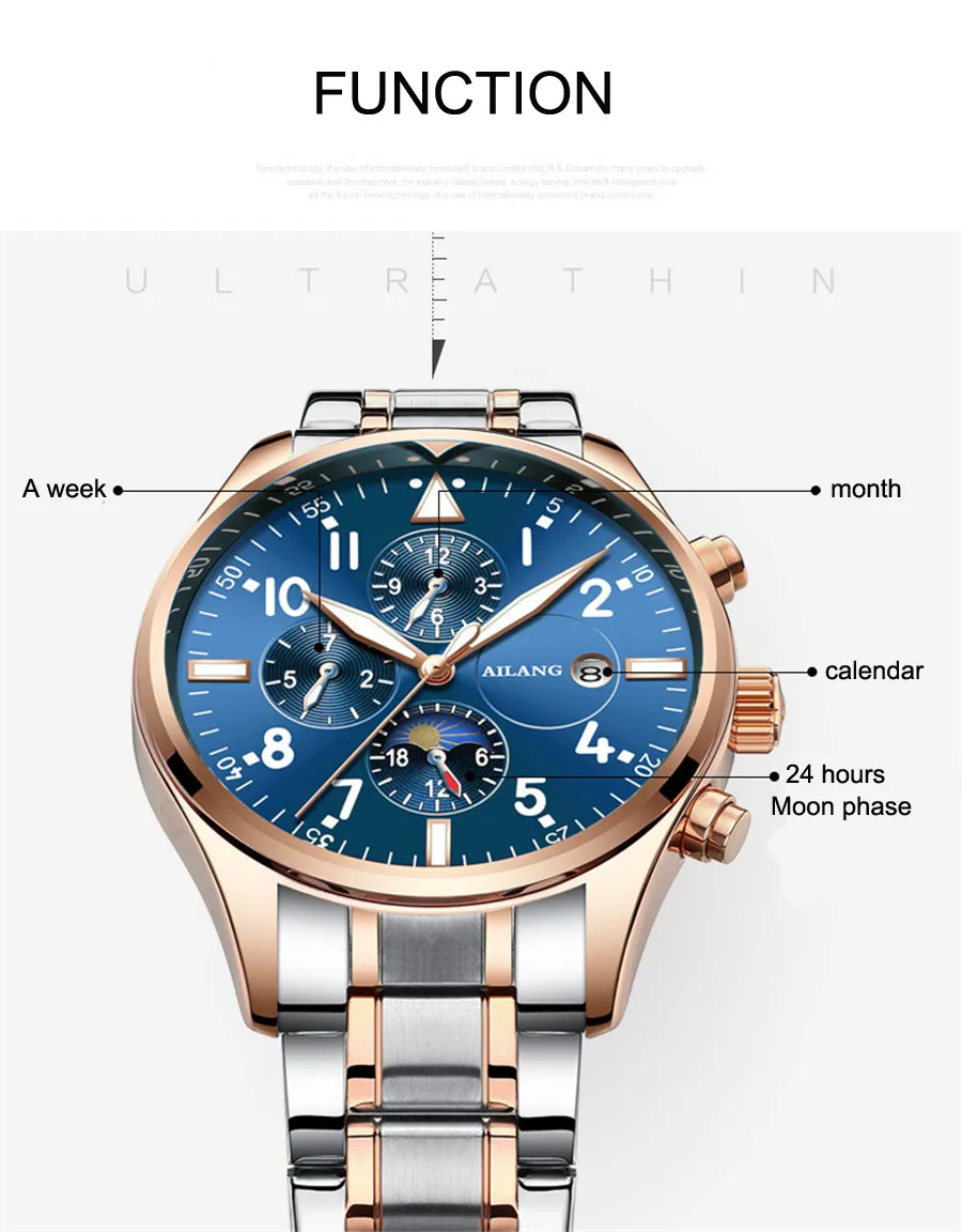 Элитный бренд серебро Нержавеющая сталь часы Для мужчин Топ светящиеся Повседневное Календарь автоматические механические часы Moon Phase