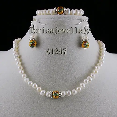 

New White pearl Grade AA 6-7MM Natural Fresh Water Pearls made with Cloisonne Necklace bracelet earring jewelry set A1247