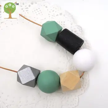 Simple jewelry light wooden women necklace with teal black silver white painted geometric wood beads minimalist NW184