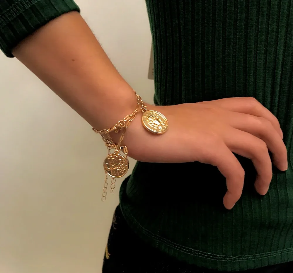 

2019 classic Round Portrait Coin Pendant Bracelets Boho Gold Silver Alloy 2 Layer Elephant Drop Charm Bracelet Femme Jewelry