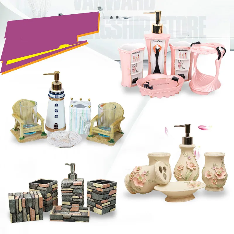 European Garden 5 pcs bathroom suite toothbrush kit creative resin gift Lotion Dispenser Tumbler Toothbrush holder Soap Dish