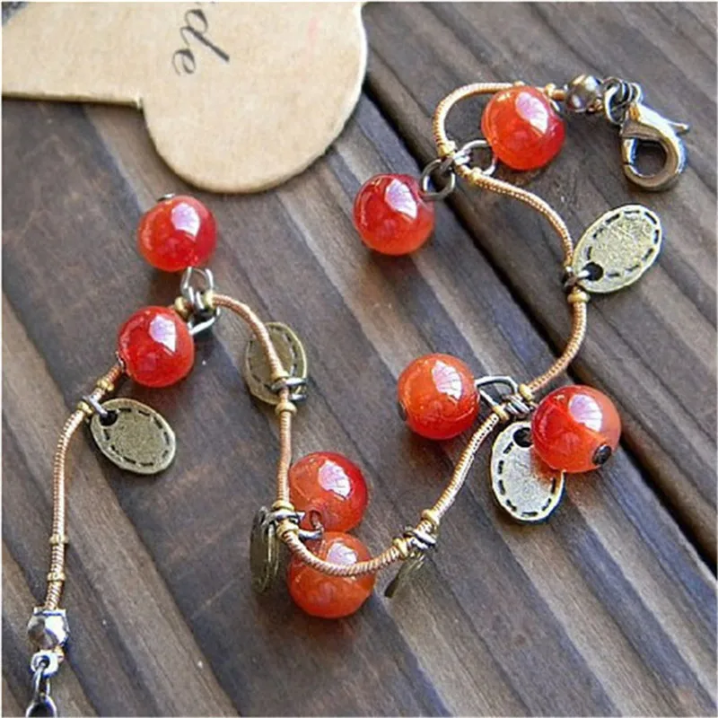 

2016 new fashion retro red Crystal sweet cherry Bracelet for girls hot sale alloy jewelry for woman