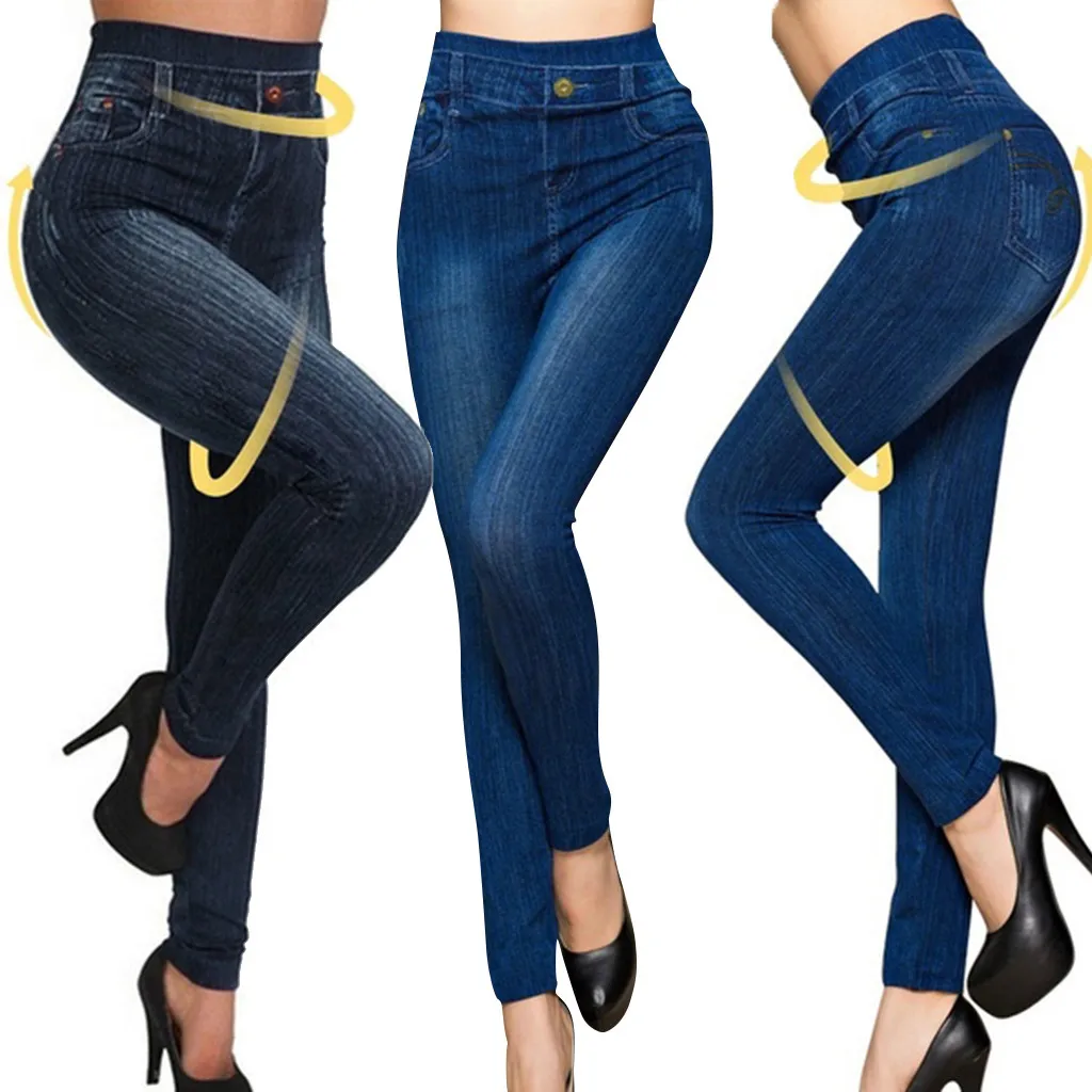 

Women's Stretchy Skinny Print Jeggings Imitation Jeans Seamless Denim Leggings leguins fitness mujer sport broek vrouwen