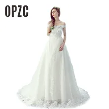 Новая мода кружева блестками Лодка шеи Белый Поезд Свадебные платья для беременных невест плеча Off-Line Vestido de Noiva