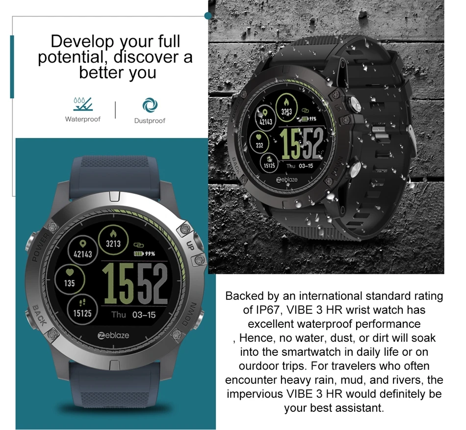 Обновленные Zeblaze VIBE 3 HR 3D ips цветной дисплей Smartwatch IP67 водонепроницаемый монитор сердечного ритма спортивные умные часы